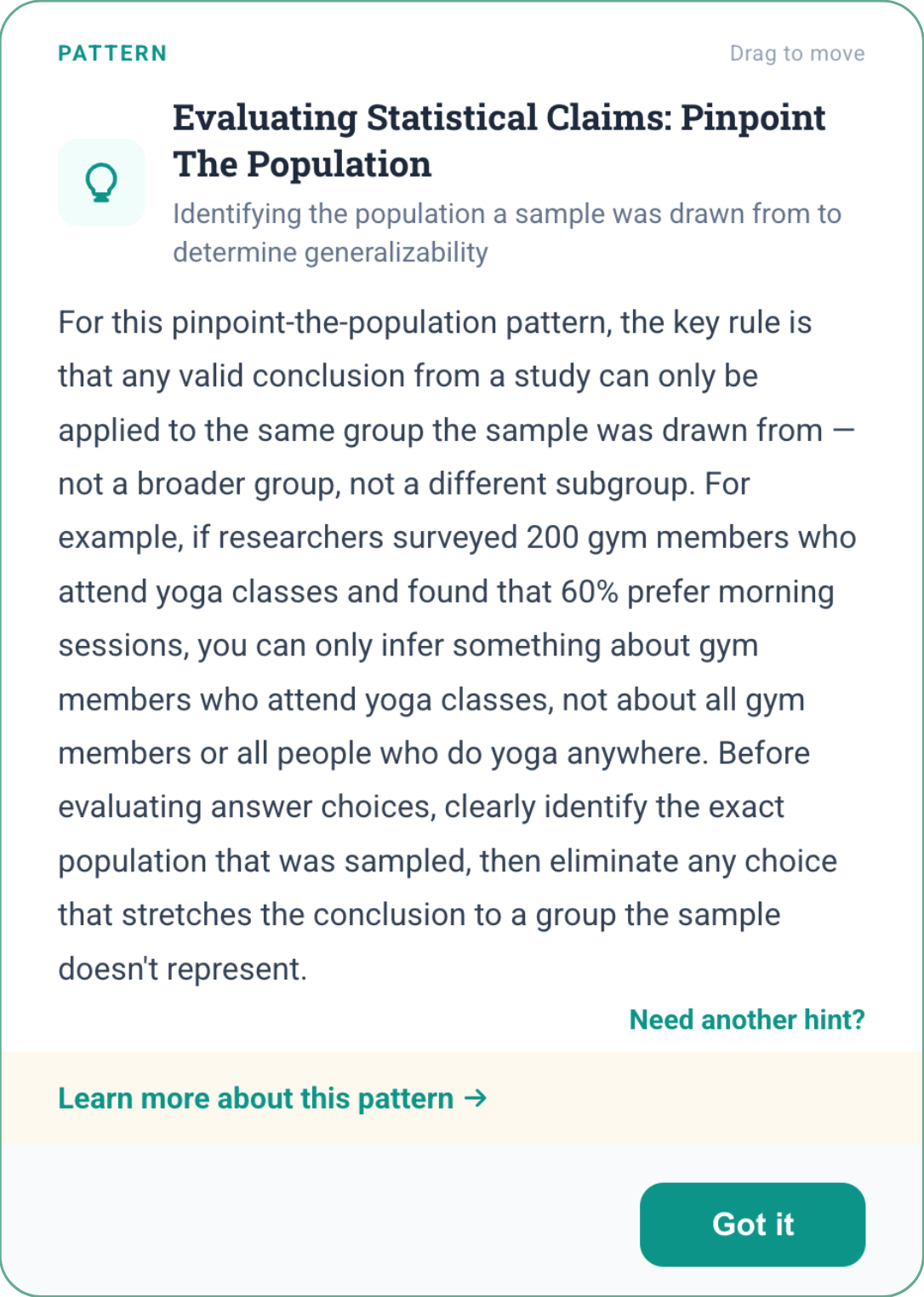 Two levels of guidance on a question — a gentle nudge first, then a precise hint